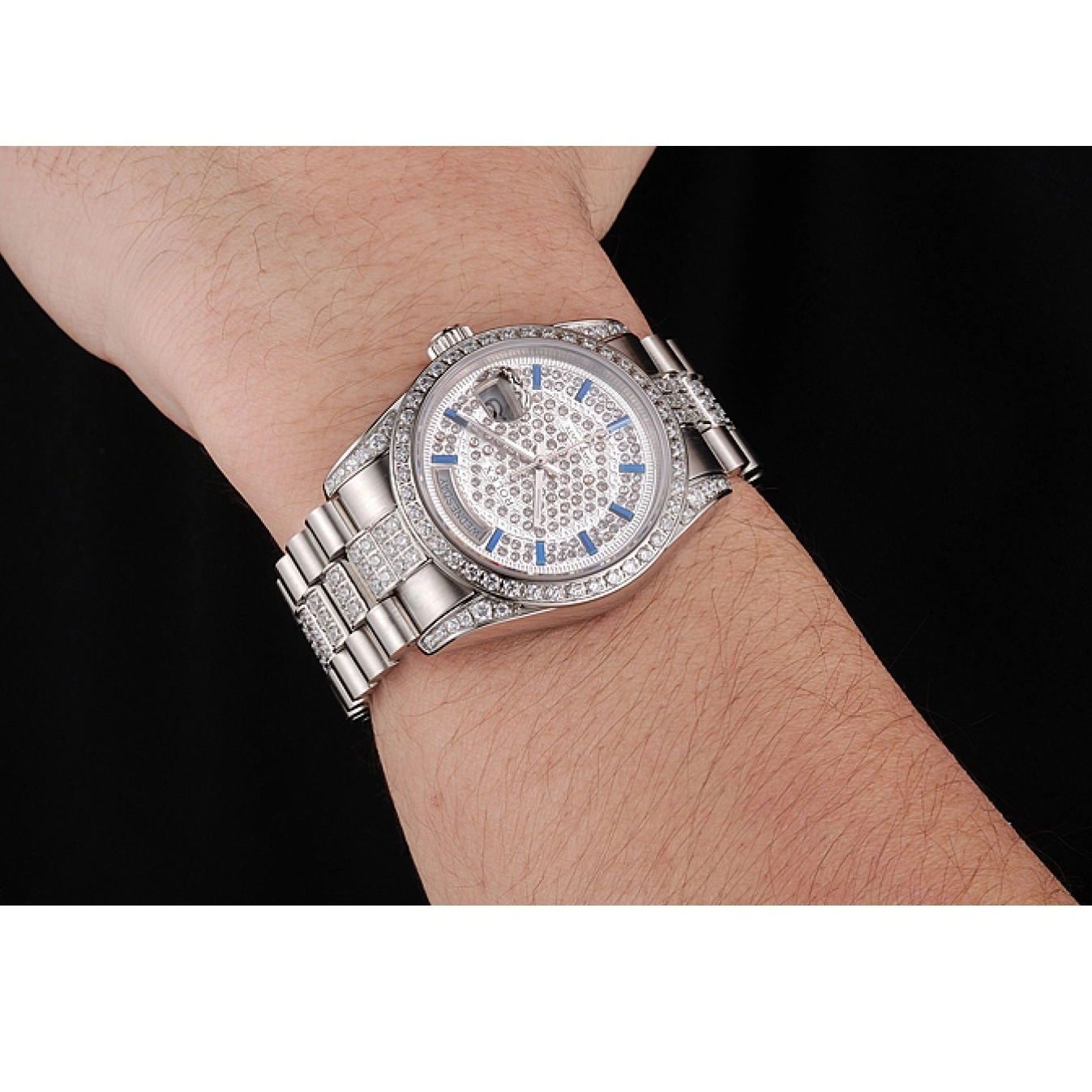 MiroTime 1026 Swiss Rolex Day Date Diamond Pave Dial And Bezel And Stainless Steel Bracelet